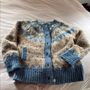 LoveShackFancy Blue and Tan Fair Isle Cardigan Sweater